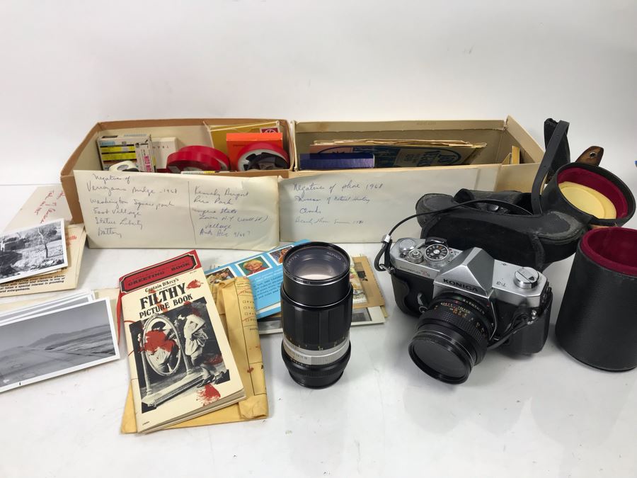 Vintage Konica Film Camera With Extra Lens And Various 1960s Photographs, Slides And Films Including Statue Of Liberty, Kennedy Airport, Museum Of Natural History, Beauty Show - See Photos