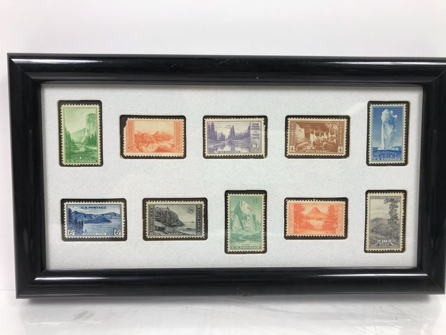 Vintage Framed Stamp Collection Yosemite, Grand Canyon, Mesa Verde, Yellowstone And More - See Photos 11' X 9'