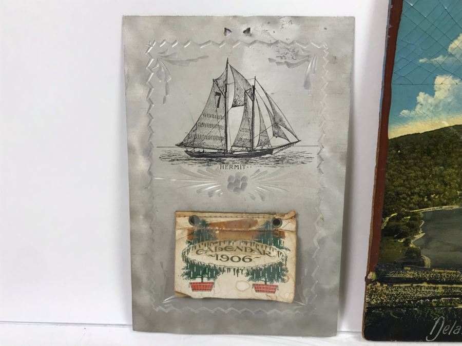 Antique 1906 Calendar With Metal Nautical Themed Holder And Delaware Water Gap Painting [Photo 2]