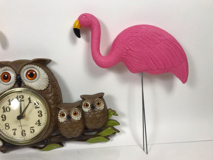 Vintage New Haven Owl Wall Clock And Pair Of Plastic Pink Flamingos [Photo 6]
