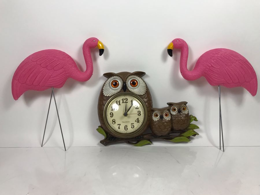 Vintage New Haven Owl Wall Clock And Pair Of Plastic Pink Flamingos
