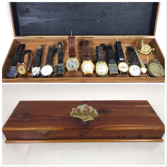 Vintage Wooden Box And Various Watches