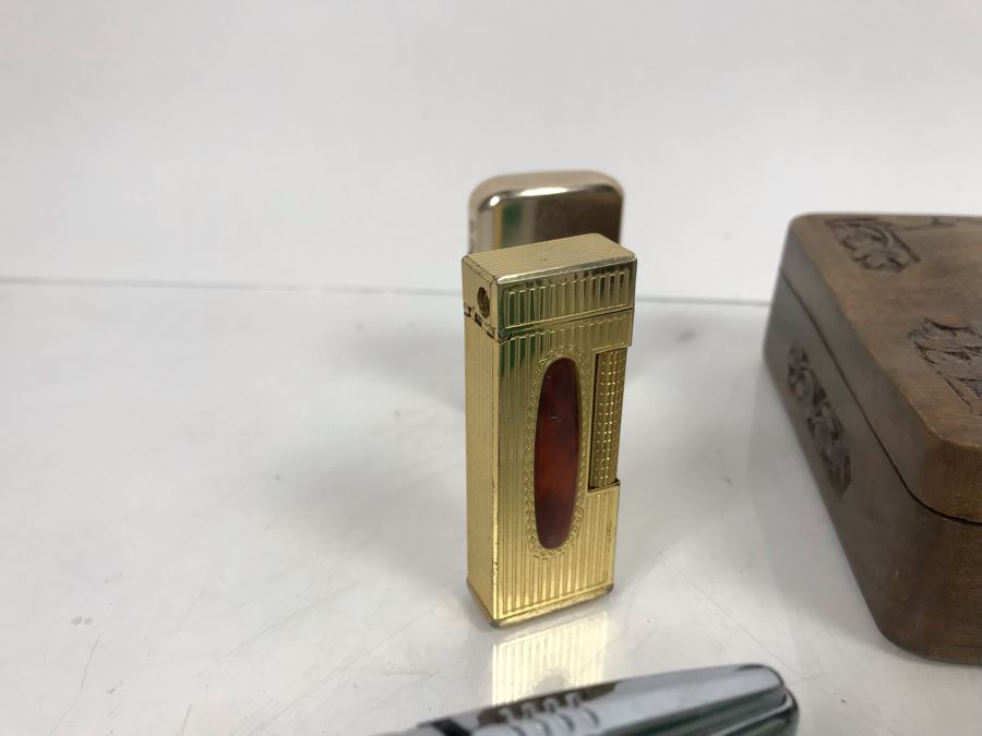 Carved Wooden Box And Vintage Collectible Advertising Lighters: Golden Nugget, Salem, Camel - See Photos [Photo 7]
