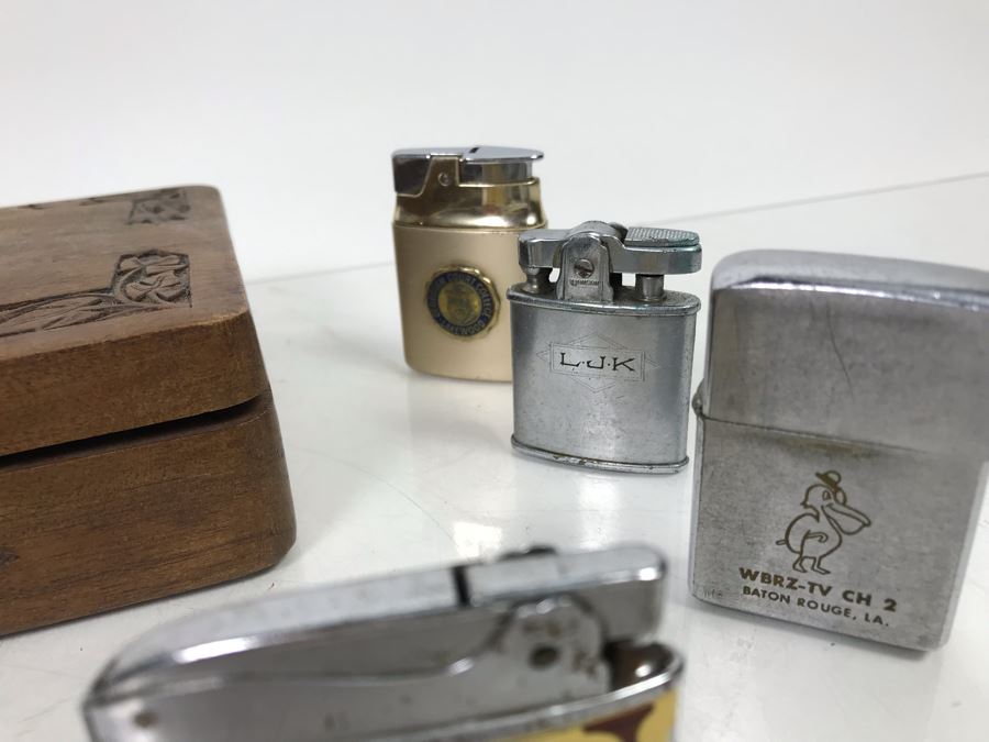 Carved Wooden Box And Vintage Collectible Advertising Lighters: Golden Nugget, Salem, Camel - See Photos [Photo 4]