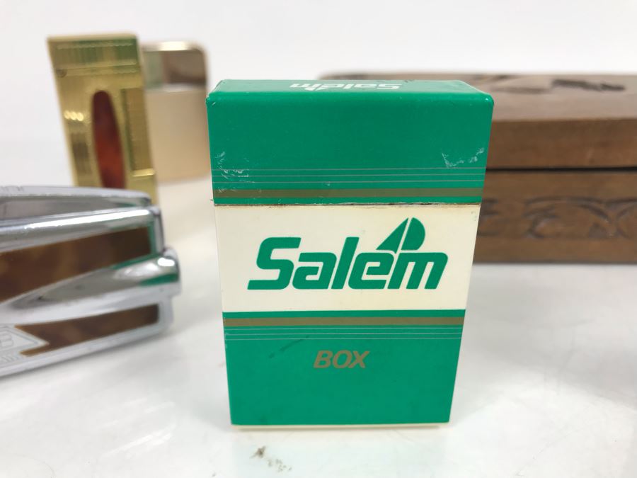 Carved Wooden Box And Vintage Collectible Advertising Lighters: Golden Nugget, Salem, Camel - See Photos [Photo 5]