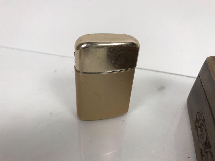 Carved Wooden Box And Vintage Collectible Advertising Lighters: Golden Nugget, Salem, Camel - See Photos [Photo 8]