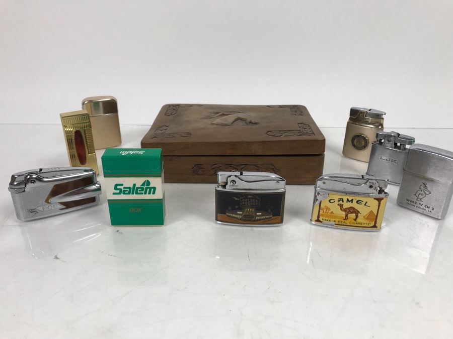 Carved Wooden Box And Vintage Collectible Advertising Lighters: Golden Nugget, Salem, Camel - See Photos