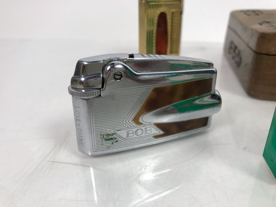 Carved Wooden Box And Vintage Collectible Advertising Lighters: Golden Nugget, Salem, Camel - See Photos [Photo 6]