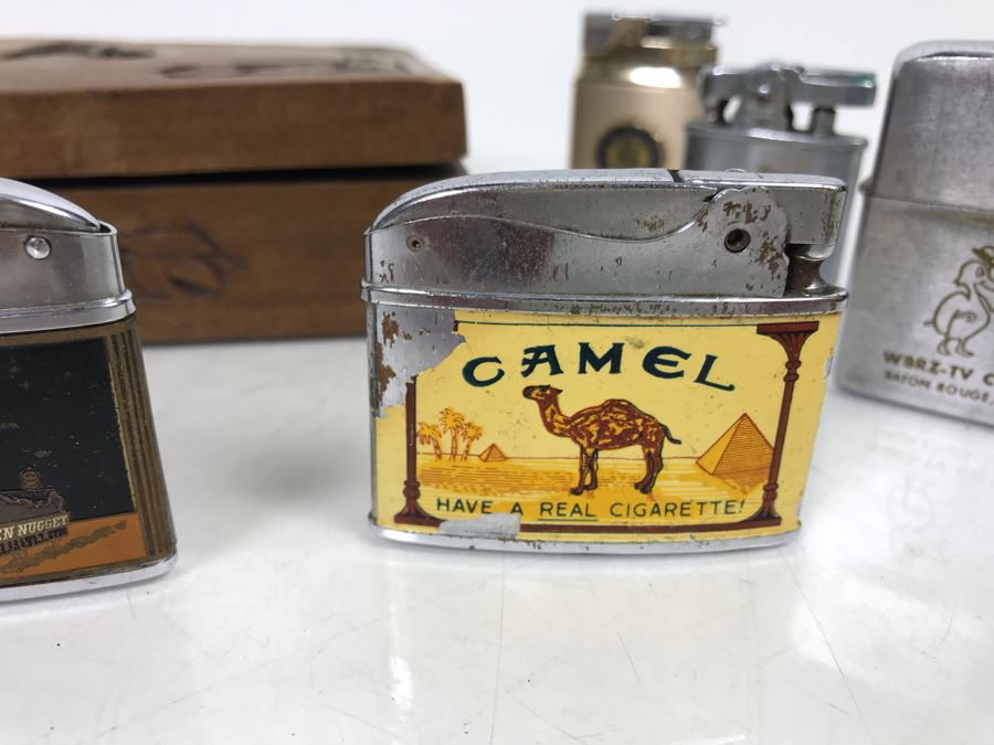 Carved Wooden Box And Vintage Collectible Advertising Lighters: Golden Nugget, Salem, Camel - See Photos [Photo 3]