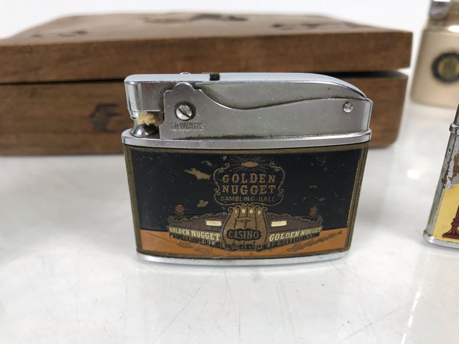 Carved Wooden Box And Vintage Collectible Advertising Lighters: Golden Nugget, Salem, Camel - See Photos [Photo 2]