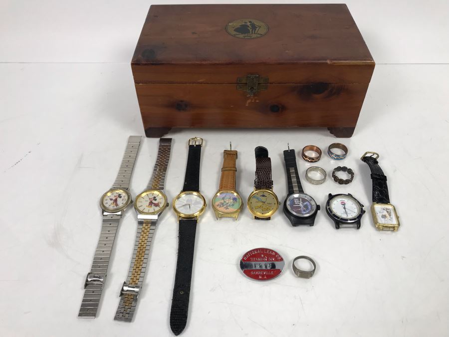 Vintage Wooden Box With Mickey Mouse Watches, The Black Hole Watch, Pepsi Watch, Pearl Playing Cards Watch, Road Runner Watches And Mens Rings