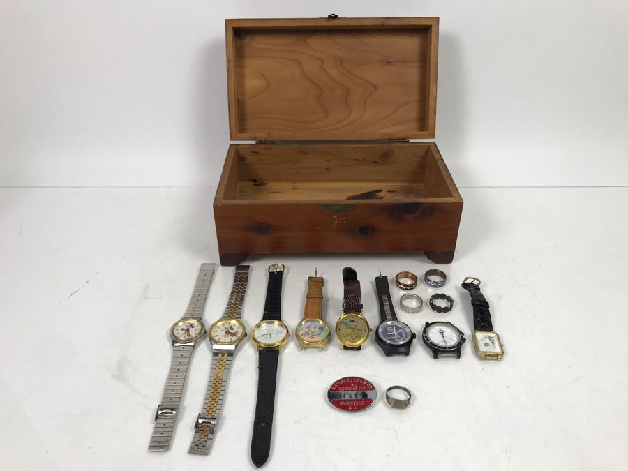 Vintage Wooden Box With Mickey Mouse Watches, The Black Hole Watch, Pepsi Watch, Pearl Playing Cards Watch, Road Runner Watches And Mens Rings [Photo 7]