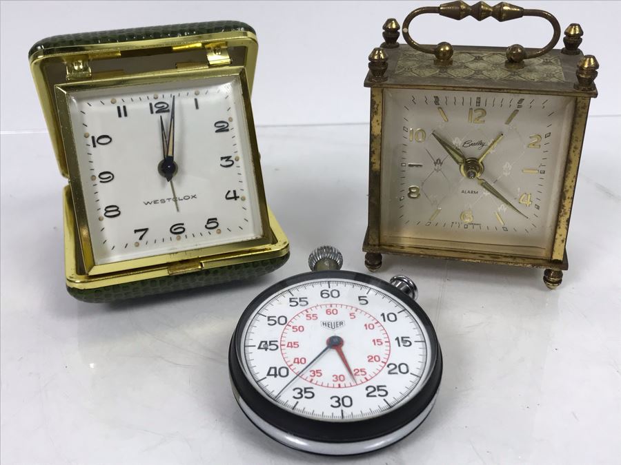 Heuer Stopwatch, Westclox Portable Alarm Clock And Bradley Portable Alarm Clock [Photo 2]