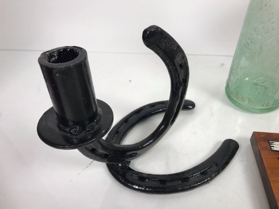 Sportsman's Thermometer, Welded Horseshoe Candle Holders, Vintage Stoneware Crock Pitcher And Old Glass Bottle [Photo 7]