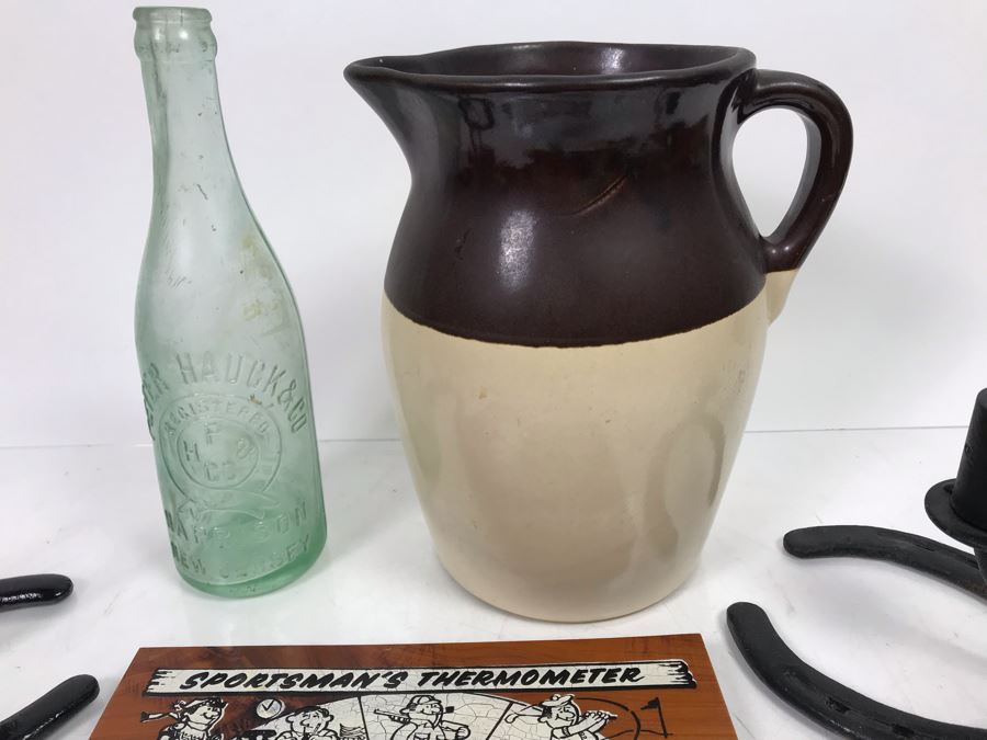 Sportsman's Thermometer, Welded Horseshoe Candle Holders, Vintage Stoneware Crock Pitcher And Old Glass Bottle [Photo 4]