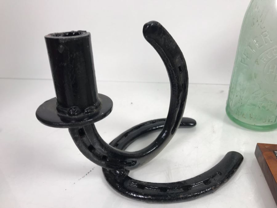 Sportsman's Thermometer, Welded Horseshoe Candle Holders, Vintage Stoneware Crock Pitcher And Old Glass Bottle [Photo 6]
