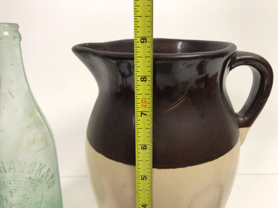 Sportsman's Thermometer, Welded Horseshoe Candle Holders, Vintage Stoneware Crock Pitcher And Old Glass Bottle [Photo 10]