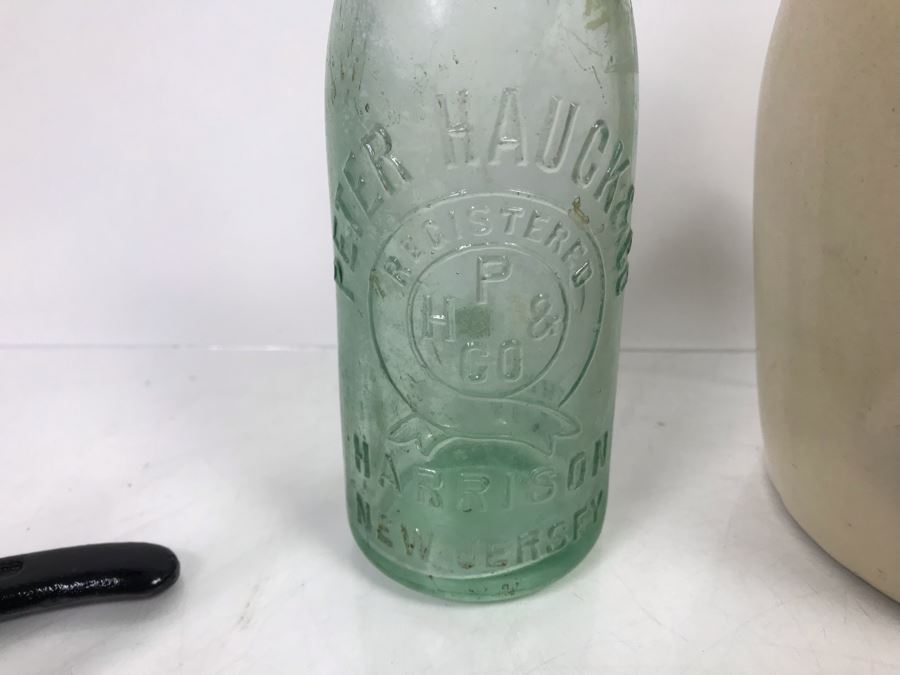 Sportsman's Thermometer, Welded Horseshoe Candle Holders, Vintage Stoneware Crock Pitcher And Old Glass Bottle [Photo 5]