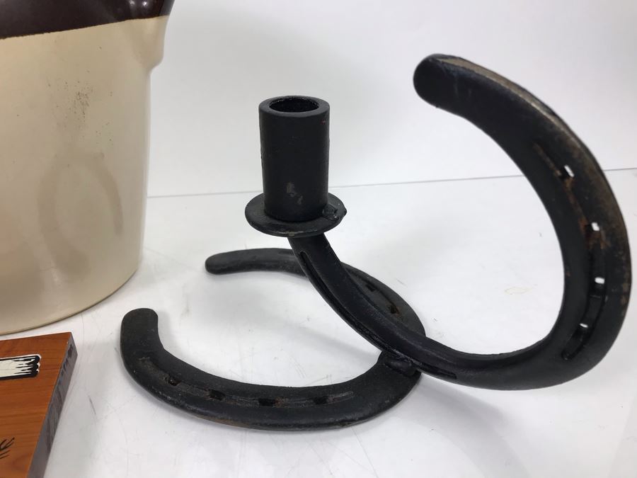 Sportsman's Thermometer, Welded Horseshoe Candle Holders, Vintage Stoneware Crock Pitcher And Old Glass Bottle [Photo 8]