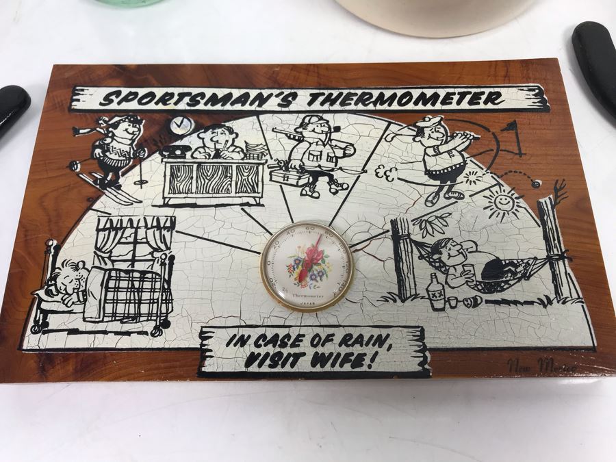 Sportsman's Thermometer, Welded Horseshoe Candle Holders, Vintage Stoneware Crock Pitcher And Old Glass Bottle [Photo 2]