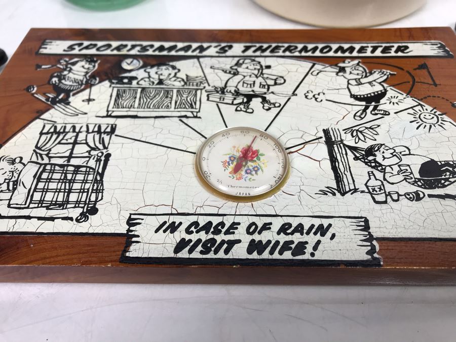 Sportsman's Thermometer, Welded Horseshoe Candle Holders, Vintage Stoneware Crock Pitcher And Old Glass Bottle [Photo 3]