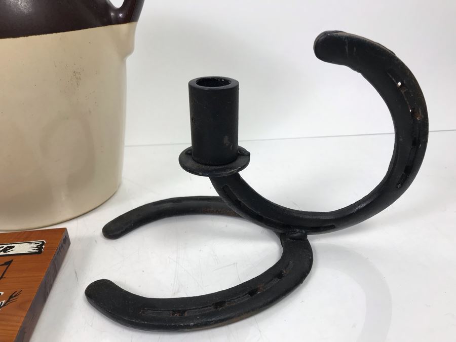 Sportsman's Thermometer, Welded Horseshoe Candle Holders, Vintage Stoneware Crock Pitcher And Old Glass Bottle [Photo 9]