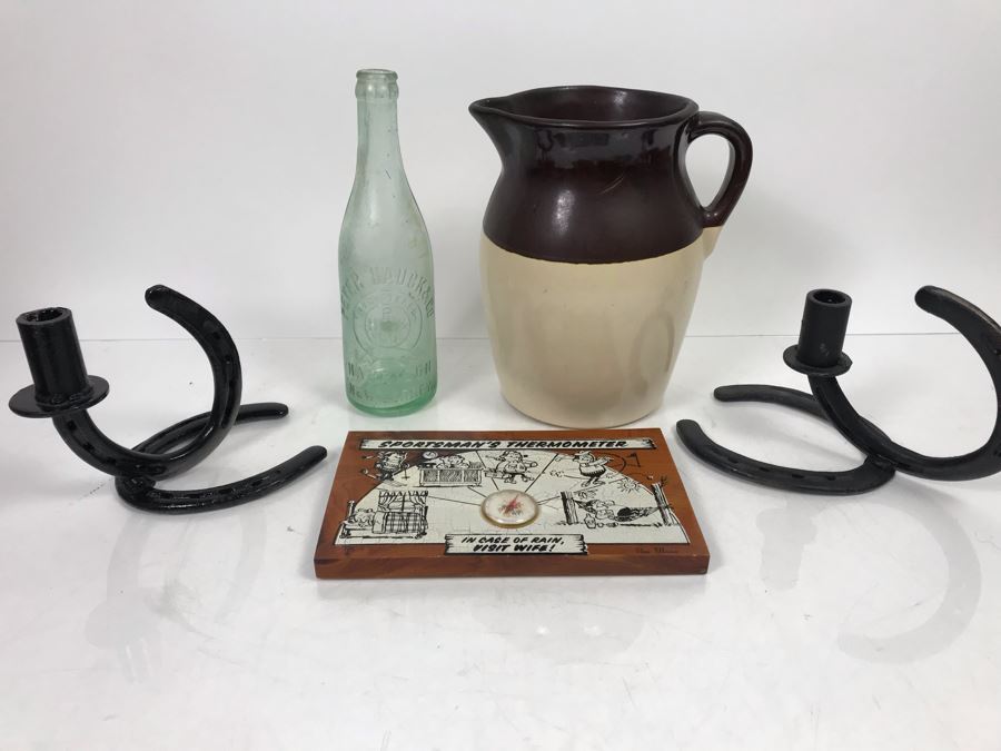 Sportsman's Thermometer, Welded Horseshoe Candle Holders, Vintage Stoneware Crock Pitcher And Old Glass Bottle