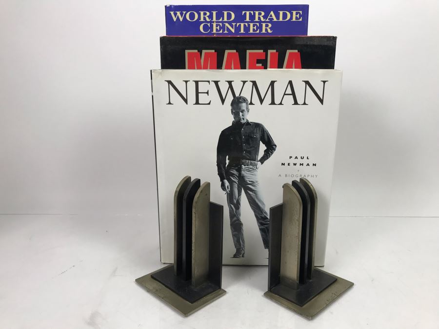 Pair Of Metal Art Deco Bookends By Chase And Book Collection - See Photos