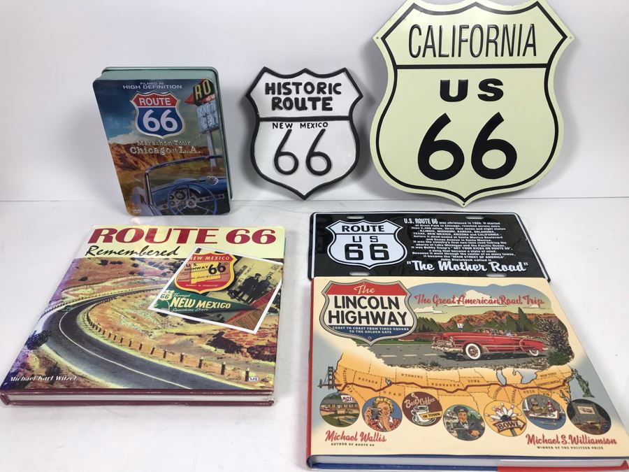 Historic Route 66 Wall Plaque, Metal Sign, License Plate, Books And DVD Collection [Photo 1]