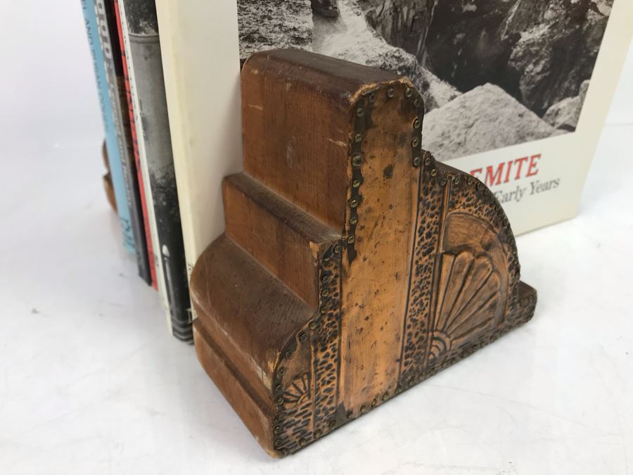 Wooden And Embossed Copper Art Deco Bookends With Book Lot: Man & Yosemite, San Diego Then And Now, Las Vegas Through The Generations, Pacific Coastal Liners, Ghost Towns Of The West And More [Photo 5]