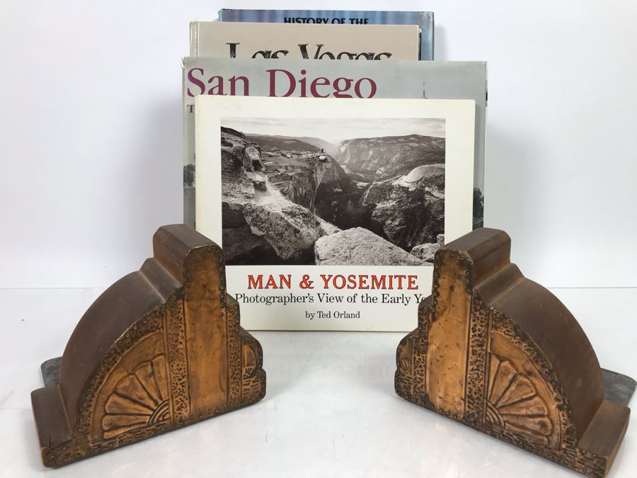 Wooden And Embossed Copper Art Deco Bookends With Book Lot: Man & Yosemite, San Diego Then And Now, Las Vegas Through The Generations, Pacific Coastal Liners, Ghost Towns Of The West And More [Photo 6]