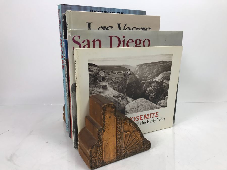 Wooden And Embossed Copper Art Deco Bookends With Book Lot: Man & Yosemite, San Diego Then And Now, Las Vegas Through The Generations, Pacific Coastal Liners, Ghost Towns Of The West And More [Photo 1]