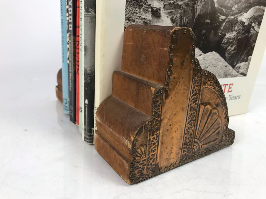 Wooden And Embossed Copper Art Deco Bookends With Book Lot: Man & Yosemite, San Diego Then And Now, Las Vegas Through The Generations, Pacific Coastal Liners, Ghost Towns Of The West And More [Photo 3]