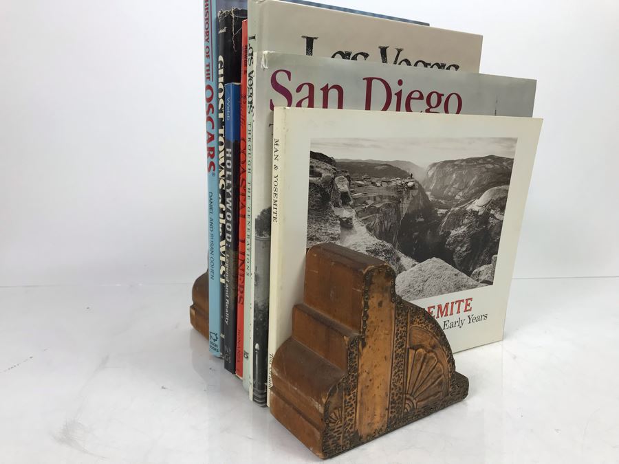 Wooden And Embossed Copper Art Deco Bookends With Book Lot: Man & Yosemite, San Diego Then And Now, Las Vegas Through The Generations, Pacific Coastal Liners, Ghost Towns Of The West And More [Photo 4]