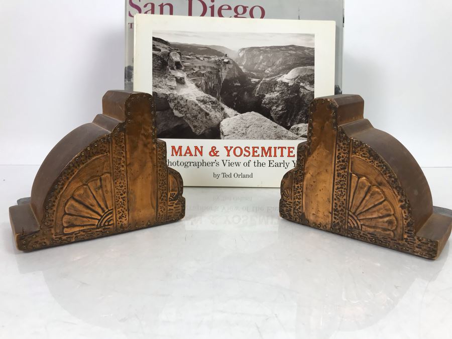 Wooden And Embossed Copper Art Deco Bookends With Book Lot: Man & Yosemite, San Diego Then And Now, Las Vegas Through The Generations, Pacific Coastal Liners, Ghost Towns Of The West And More [Photo 7]