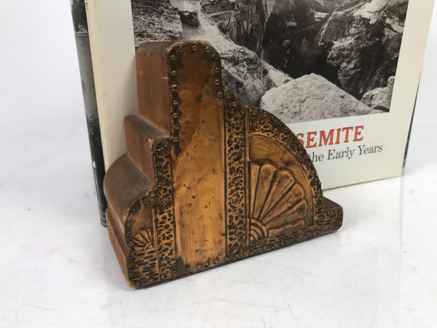 Wooden And Embossed Copper Art Deco Bookends With Book Lot: Man & Yosemite, San Diego Then And Now, Las Vegas Through The Generations, Pacific Coastal Liners, Ghost Towns Of The West And More [Photo 2]