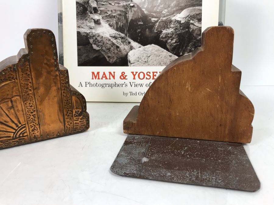 Wooden And Embossed Copper Art Deco Bookends With Book Lot: Man & Yosemite, San Diego Then And Now, Las Vegas Through The Generations, Pacific Coastal Liners, Ghost Towns Of The West And More [Photo 9]