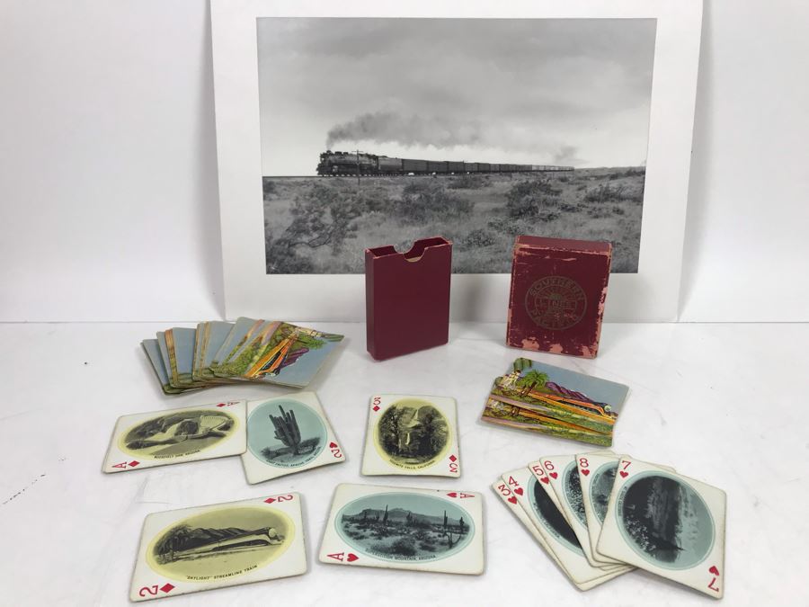 Vintage Southern Pacific Railroad Lines Playing Cards And Vintage Railroad Photograph
