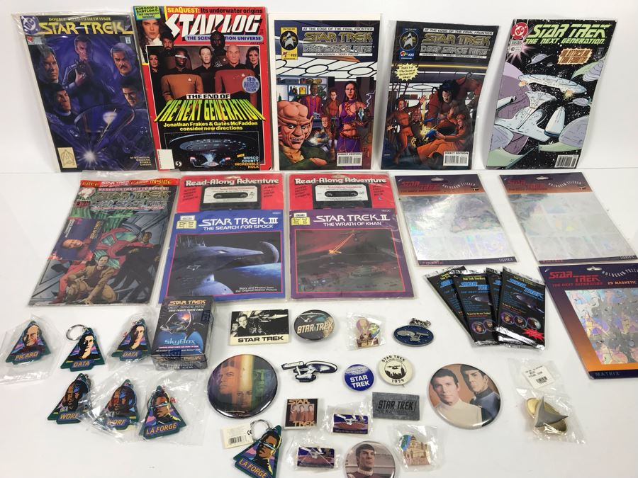Star Trek Collectibles: Pins, Buttons, Keychains, Comic Books, Sealed Star Trek Trading Cards - See Photos
