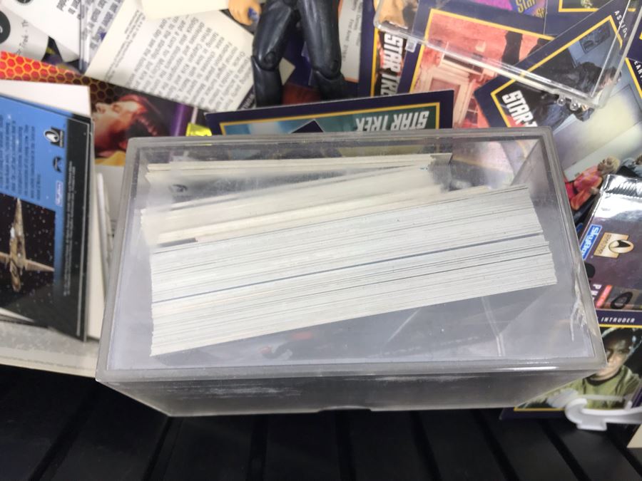 Bin Filled With Star Trek Collectibles Including Star Trek Trading Cards, Star Trek Yo-Yo, Action Figure, Star Trek TV Guides - See Photos [Photo 8]