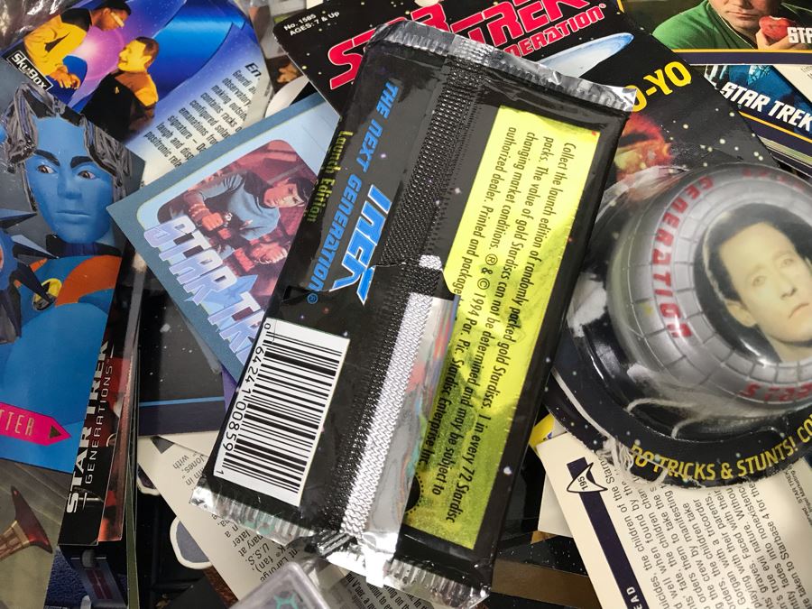 Bin Filled With Star Trek Collectibles Including Star Trek Trading Cards, Star Trek Yo-Yo, Action Figure, Star Trek TV Guides - See Photos [Photo 11]