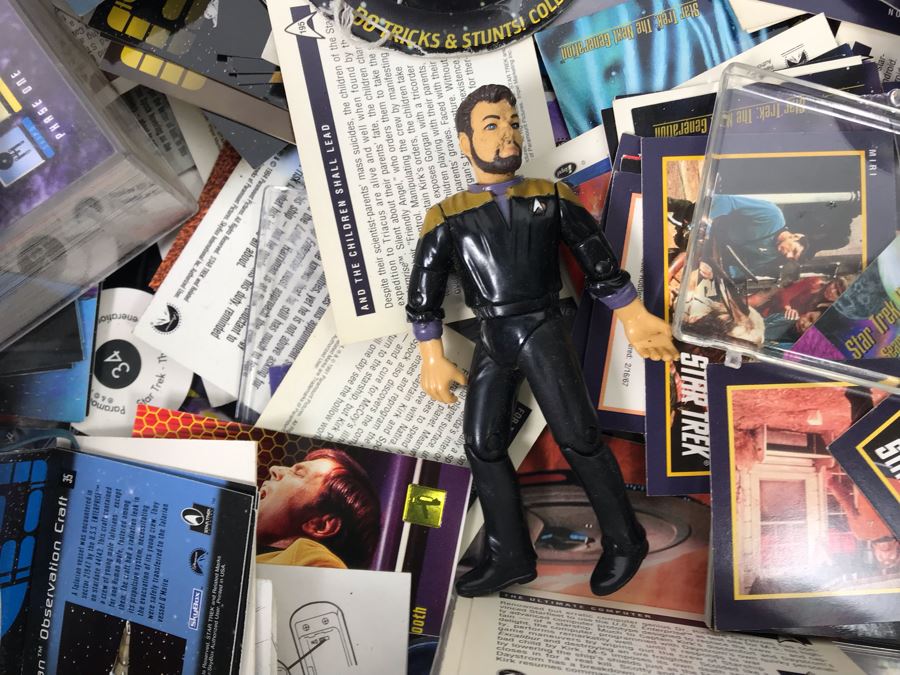 Bin Filled With Star Trek Collectibles Including Star Trek Trading Cards, Star Trek Yo-Yo, Action Figure, Star Trek TV Guides - See Photos [Photo 4]