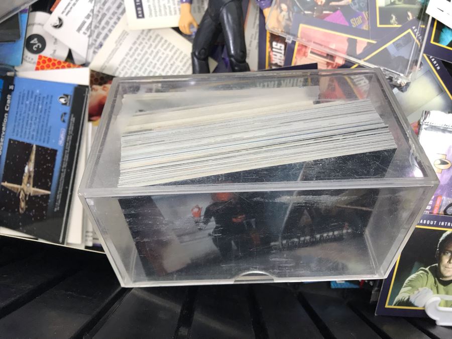 Bin Filled With Star Trek Collectibles Including Star Trek Trading Cards, Star Trek Yo-Yo, Action Figure, Star Trek TV Guides - See Photos [Photo 7]