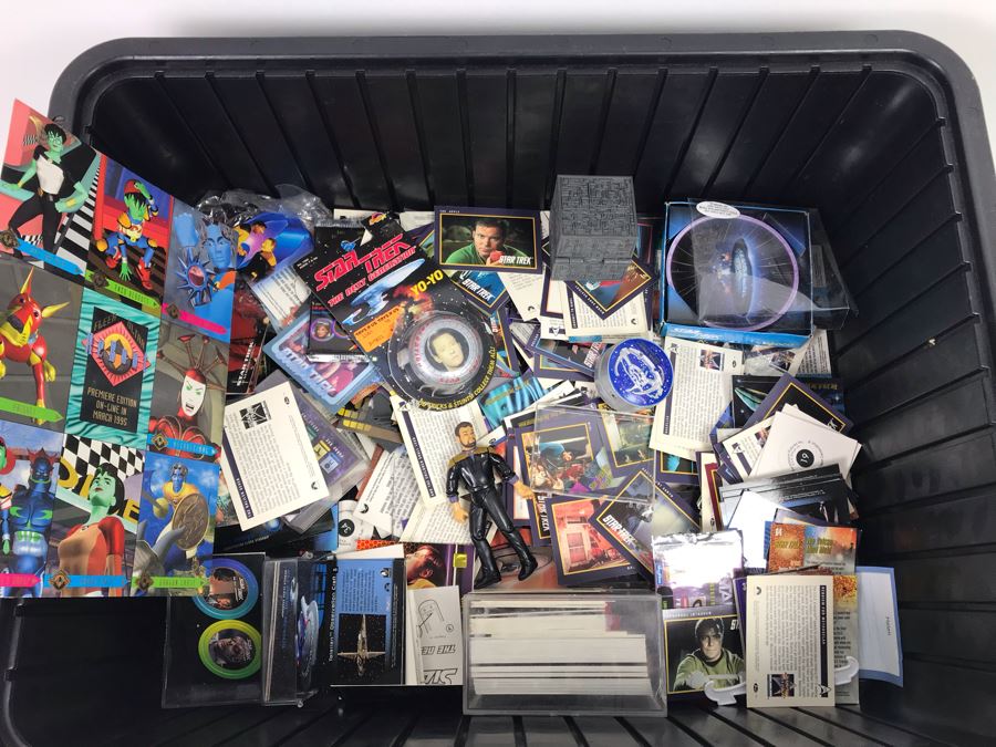 Bin Filled With Star Trek Collectibles Including Star Trek Trading Cards, Star Trek Yo-Yo, Action Figure, Star Trek TV Guides - See Photos [Photo 2]