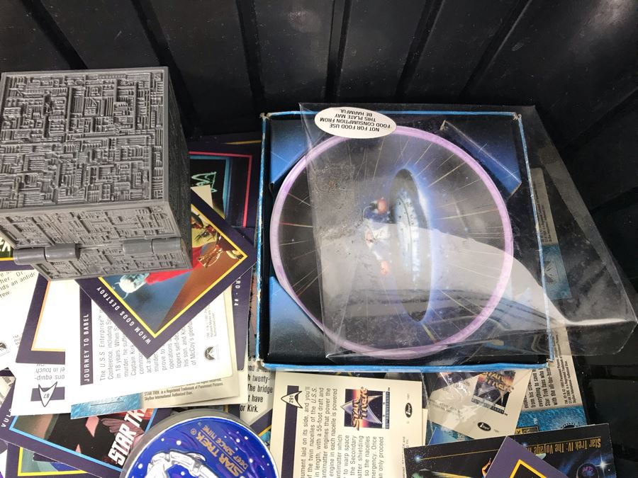 Bin Filled With Star Trek Collectibles Including Star Trek Trading Cards, Star Trek Yo-Yo, Action Figure, Star Trek TV Guides - See Photos [Photo 6]