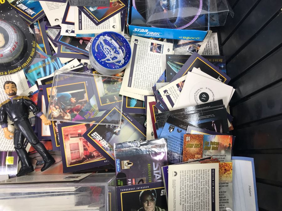Bin Filled With Star Trek Collectibles Including Star Trek Trading Cards, Star Trek Yo-Yo, Action Figure, Star Trek TV Guides - See Photos [Photo 5]
