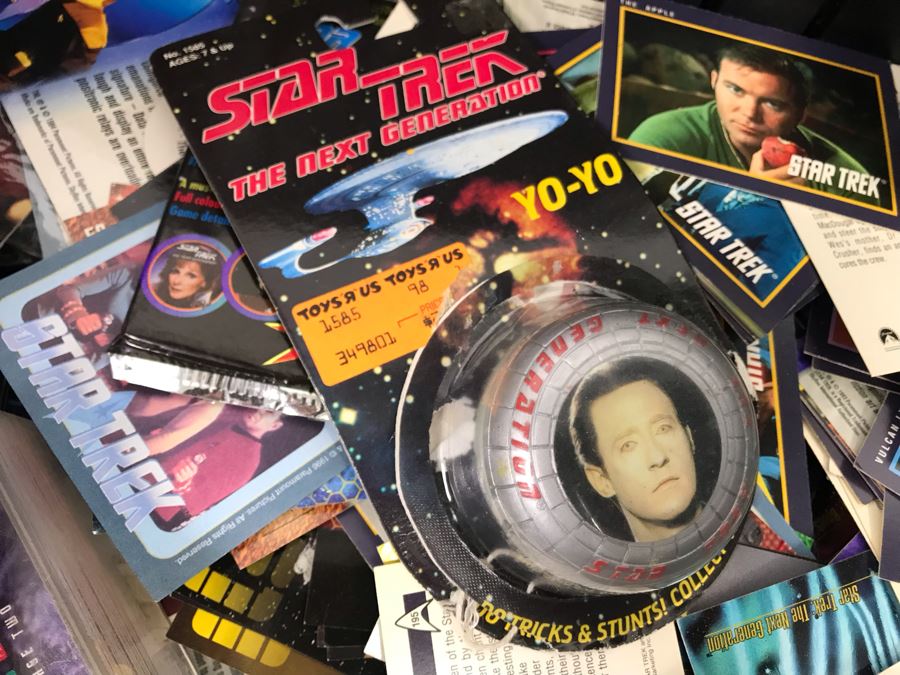 Bin Filled With Star Trek Collectibles Including Star Trek Trading Cards, Star Trek Yo-Yo, Action Figure, Star Trek TV Guides - See Photos [Photo 3]
