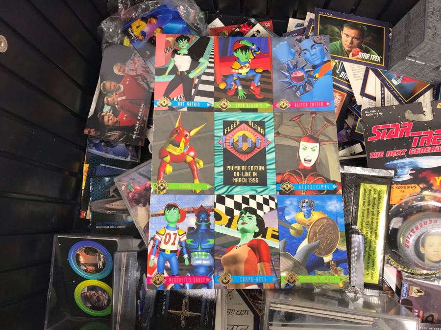 Bin Filled With Star Trek Collectibles Including Star Trek Trading Cards, Star Trek Yo-Yo, Action Figure, Star Trek TV Guides - See Photos [Photo 12]