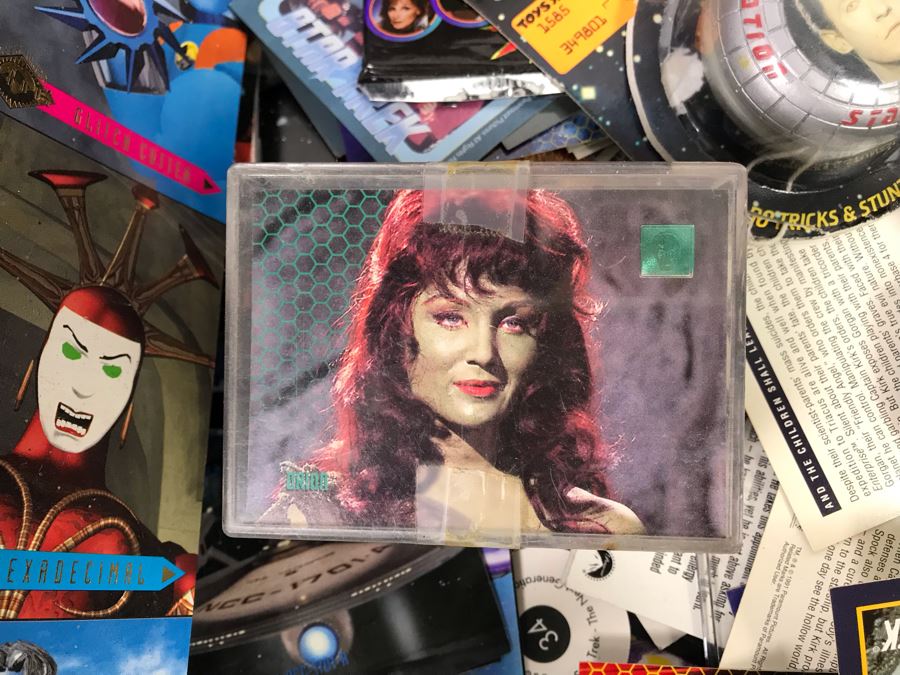 Bin Filled With Star Trek Collectibles Including Star Trek Trading Cards, Star Trek Yo-Yo, Action Figure, Star Trek TV Guides - See Photos [Photo 9]