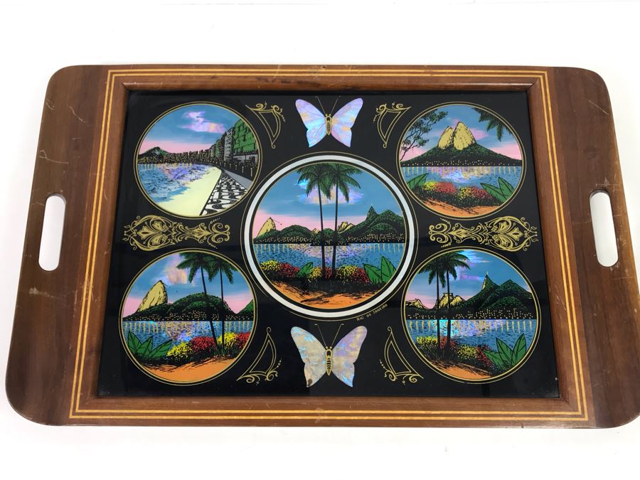 Stunning Rio De Janeiro Inlaid Buttery Glass And Wooden Handled Tray 20' X 13' [Photo 1]